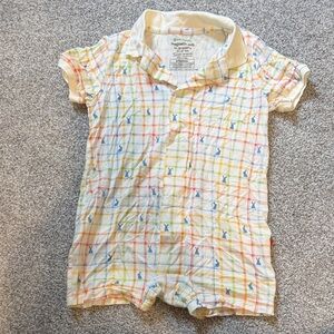 Magnetic Me Easter Bunny Yellow Plaid Polo Romper with Blue & Orange Accents